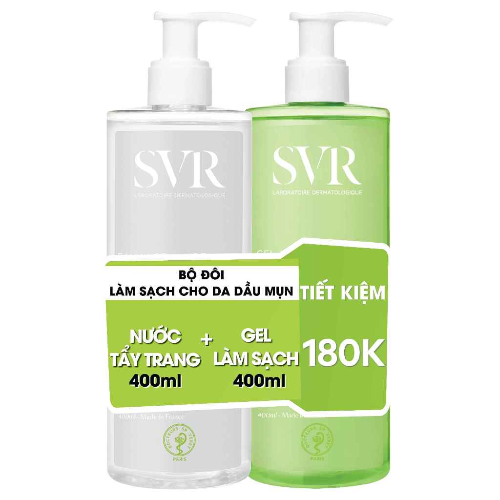 Combo Tẩy trang SVR Sebiaclear Eau Micellaire 400ml và Rửa mặt SVR Sebiaclear Gel Moussant 400ml giúp làm sạch cho dadầu