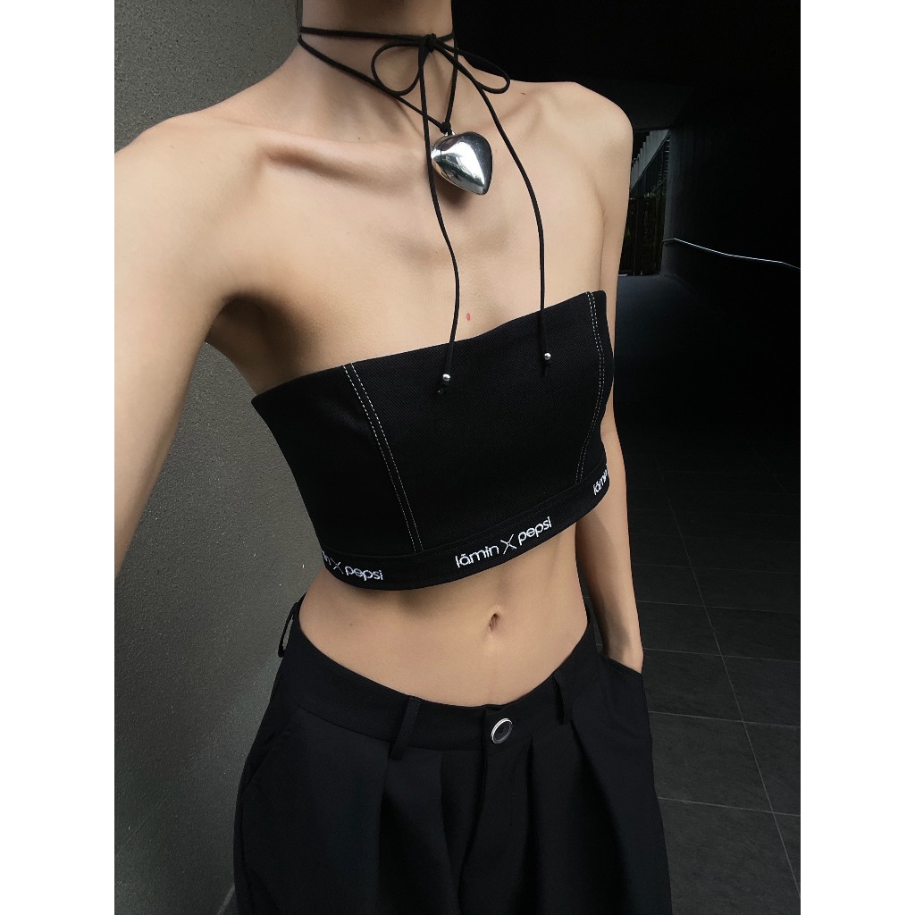 Áo tube denim màu đen cột dây sau lưng, là min - LACE UP BACK TUBE TOP