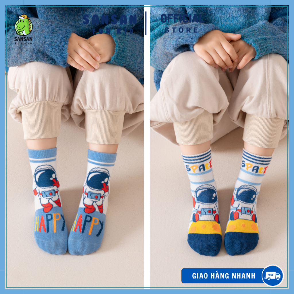 Set Tất Vớ Phi Hành Gia 5 Đôi Cao Cấp, Họa tiết xanh vũ trụ, vải cotton cao cấp, đi học đi chơi, quà tặng