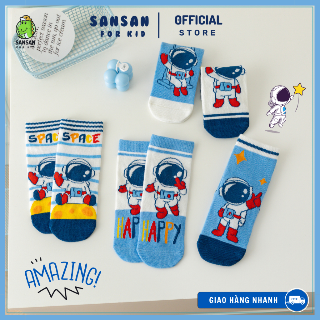 Set Tất Vớ Phi Hành Gia 5 Đôi Cao Cấp, Họa tiết xanh vũ trụ, vải cotton cao cấp, đi học đi chơi, quà tặng