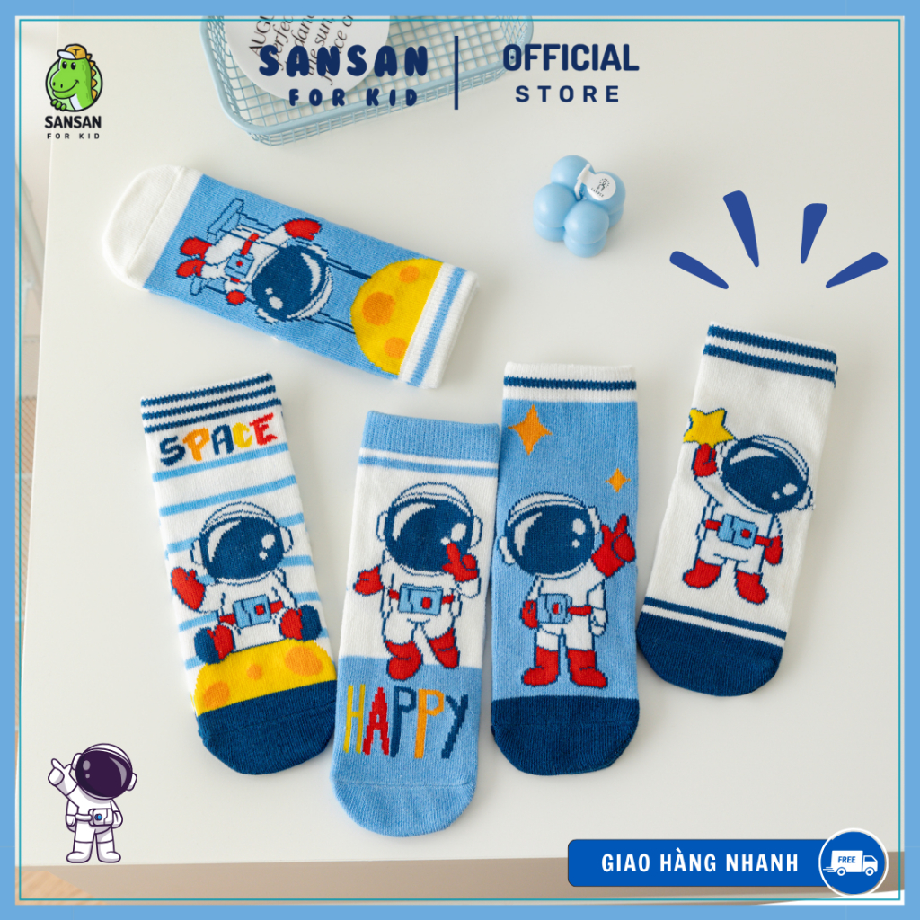 Set Tất Vớ Phi Hành Gia 5 Đôi Cao Cấp, Họa tiết xanh vũ trụ, vải cotton cao cấp, đi học đi chơi, quà tặng