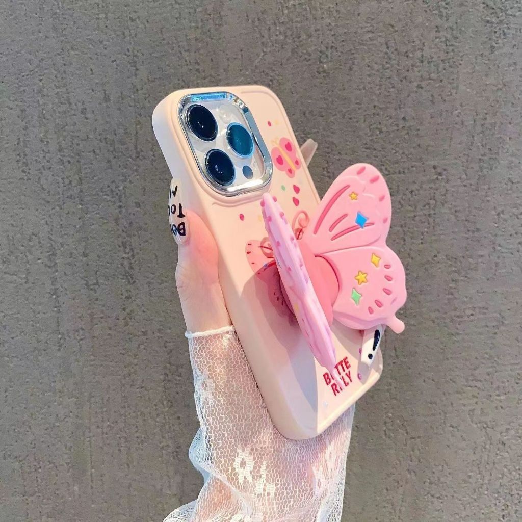 Ốp Điện Thoại iphone camera bạc Màn hình điện thoại gắn butterfly hồng cạnh vuông 14 13 12 11 Pro Max 6 7 8 P xx3062