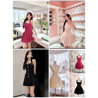 Đầm nữ dự tiệc sang trọng, đầm bố cổ yếm chân váy xếp ly 4 màu Freesize Rossy Fashion - SR205