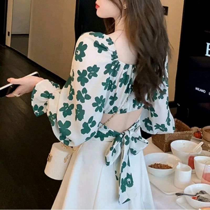 🍀Áo chiffon cổ vuông tay phồng cột lưng hoạ tiết thời trang mùa xuân hè cho nữ