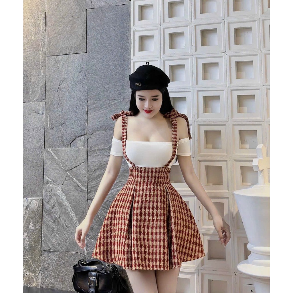 Set yếm váy dạ caro đỏ 2 dây cột nơ kèm áo trắng trễ vai dễ thương, set yếm dạ caro 2 màu dáng xoè s
