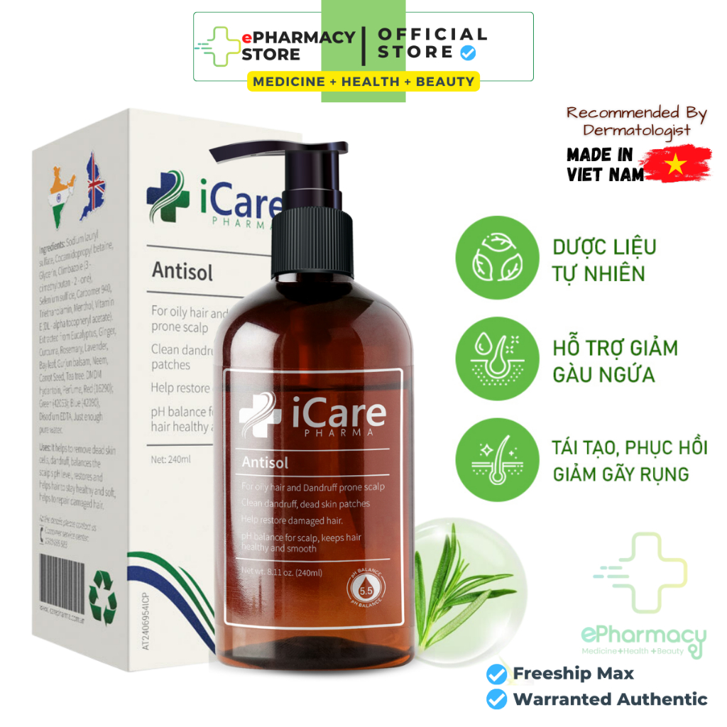 Dầu Gội iCare Pharma Antisol dược liệu pH 6.5 làm sạch gàu, giảm ngứa và bết tóc 240ml