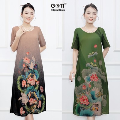 GOTI – Thời Trang Trung Niên Đầm Suông Dáng Dài Nền Nâu In Hoa Sen Hồng Sang Trọng Có Size Lớn 3380