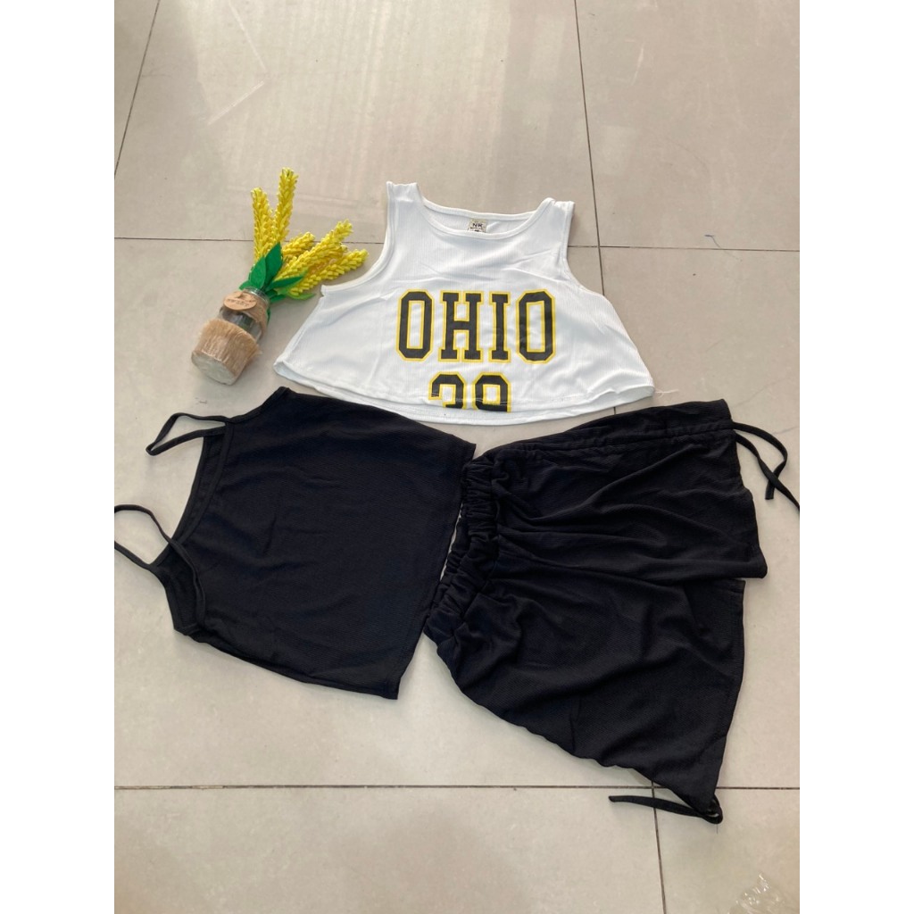 Set áo croptop  + quần đùi dây rút vải thun gân tăm cho bé gái đi chơi, đi học