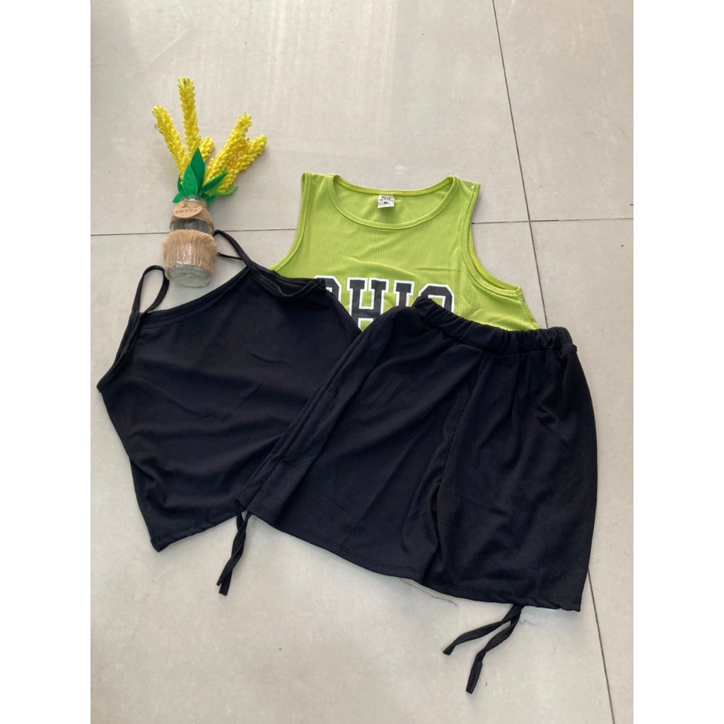 Set áo croptop  + quần đùi dây rút vải thun gân tăm cho bé gái đi chơi, đi học