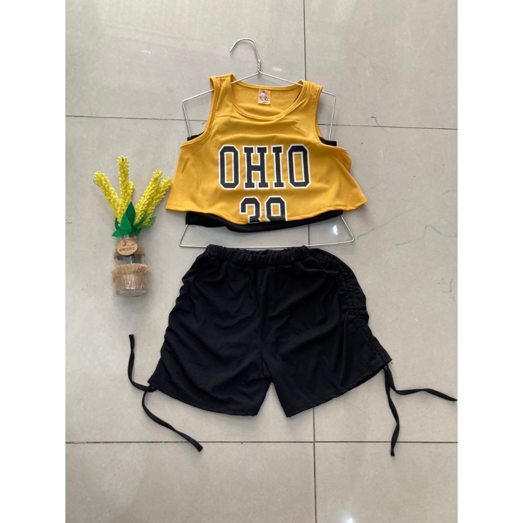 Set áo croptop  + quần đùi dây rút vải thun gân tăm cho bé gái đi chơi, đi học