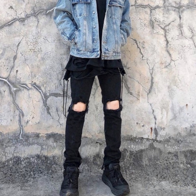 A24 Quần Bò Đen Nam Trơn Phối Thêu Khoá Zip Ống ss2023