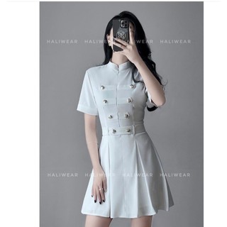 Váy cúc đồng cổ tàu đai eo