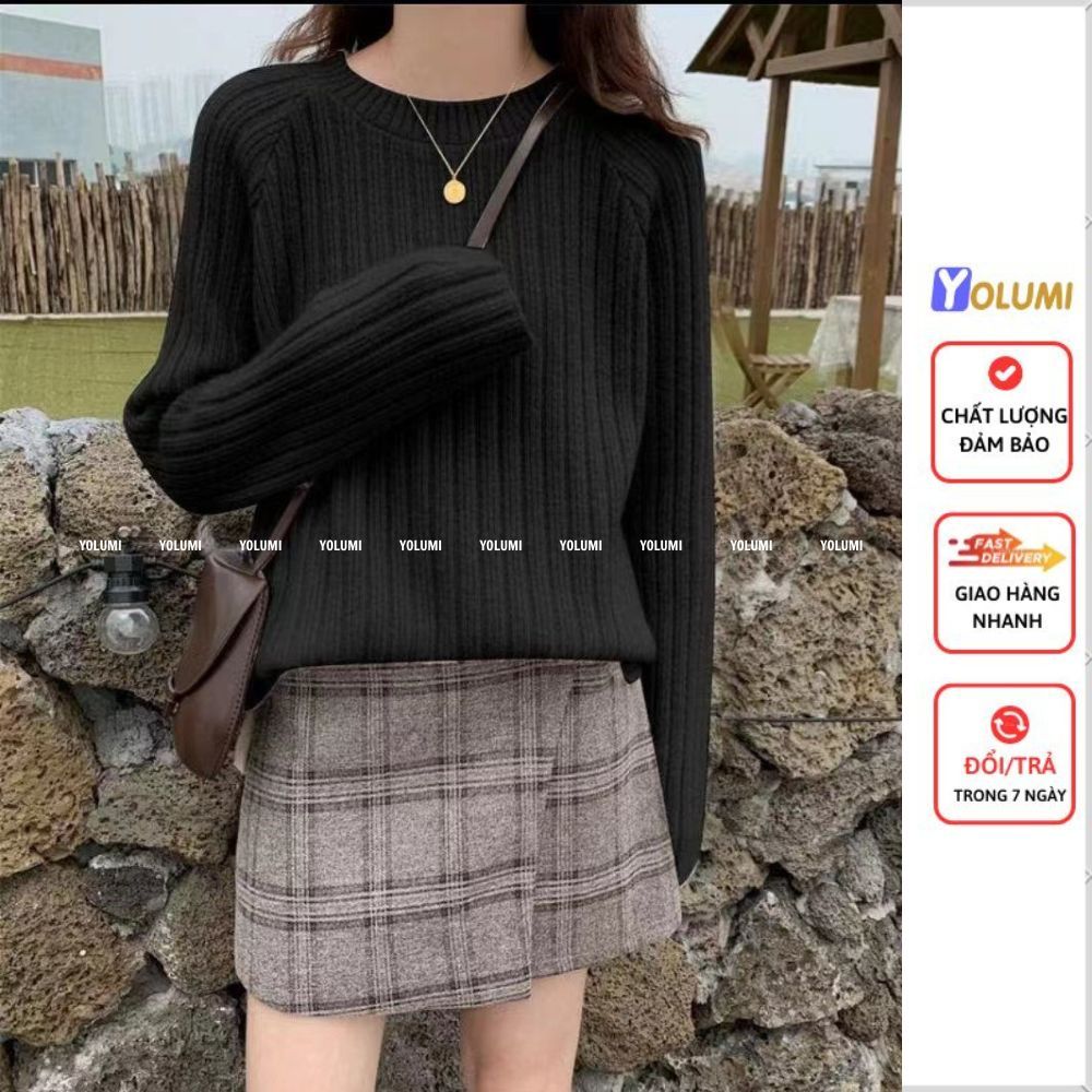 Áo Sweater Nữ, áo len dài tay cổ tròn thiết kế xẻ tà thời trang phong cách hàn quốc YOLUMI