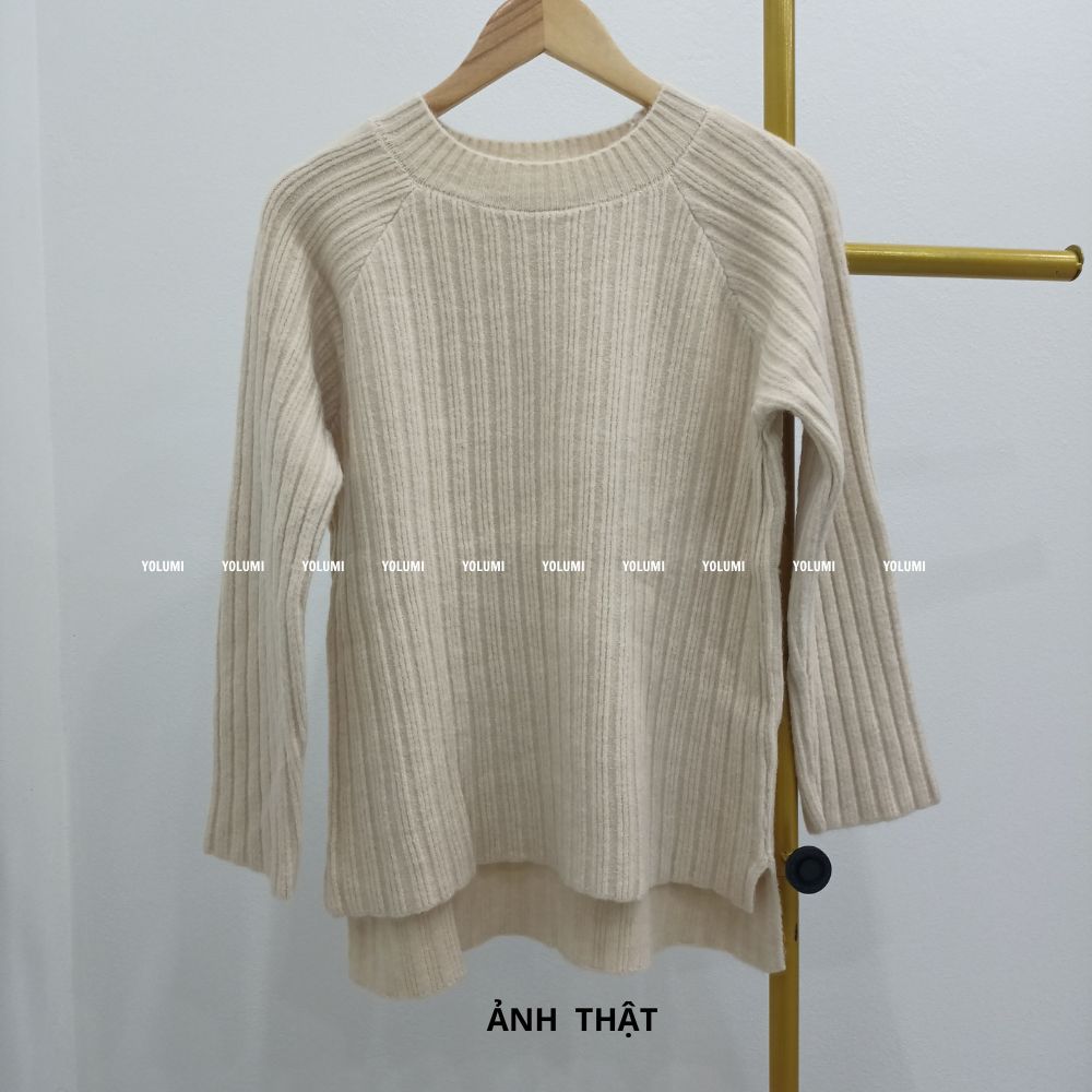 Áo Sweater Nữ, áo len dài tay cổ tròn thiết kế xẻ tà thời trang phong cách hàn quốc YOLUMI