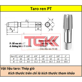 Taro ren ống (Ren côn) ren PT (1/16", 1/8", 1/4", 3/8", 1/2")