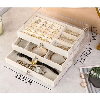 Hộp đựng trang sức 3 tầng chất liệu mika trong suốt khay đựng trang sức, nhẫn, vòng cổ bọc nhung cao cấp