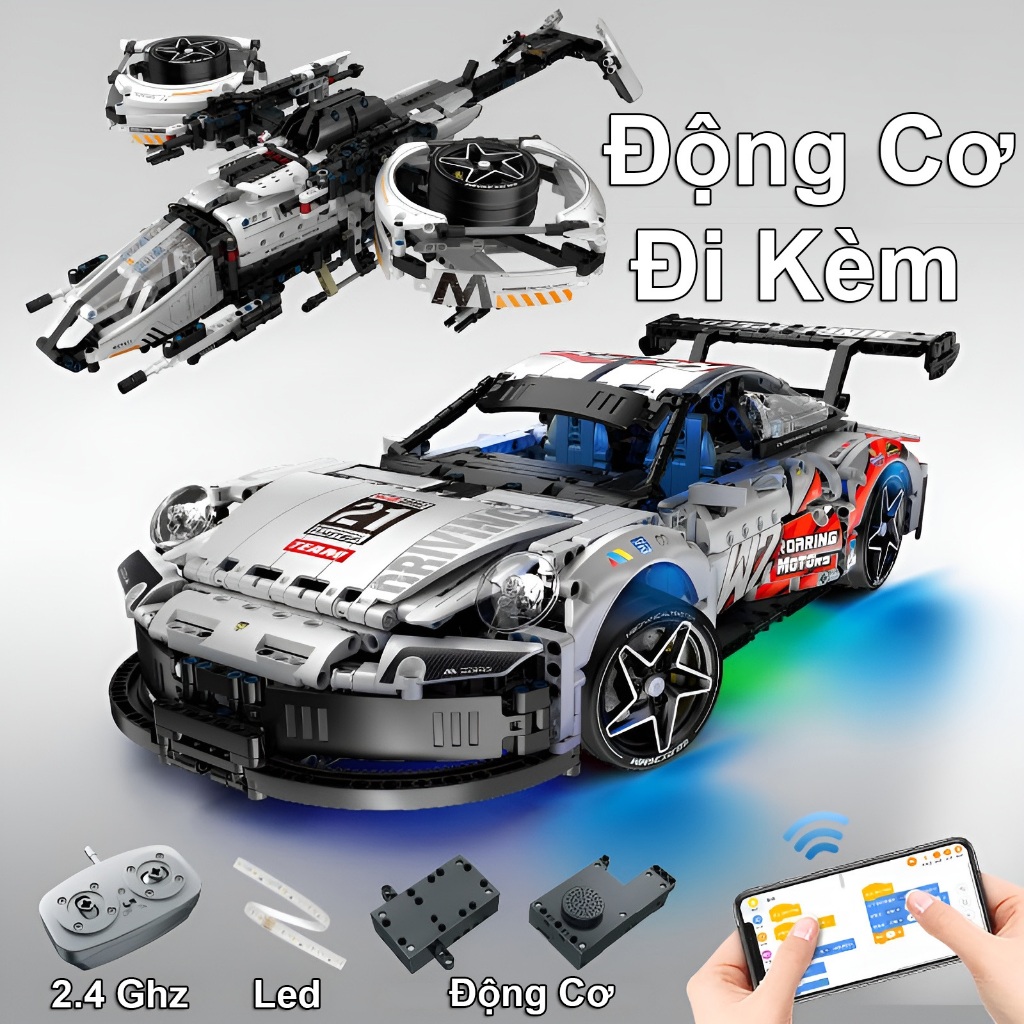 Đồ Chơi Lắp Ráp Kiểu Lego Điều Khiển Từ Xa RC Technic 2in1 Siêu Xe Porsche 911 Biến Hình Máy Bay Chiến Đấu 1861 PCS