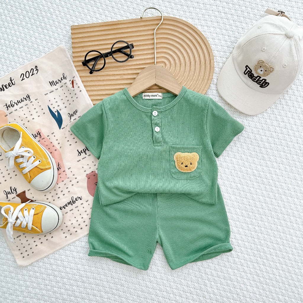 Bộ ngắn tay thun gân tăm cổ trụ Minky Mom mềm mịn mát cho bé trai bé gái từ 7-19kg