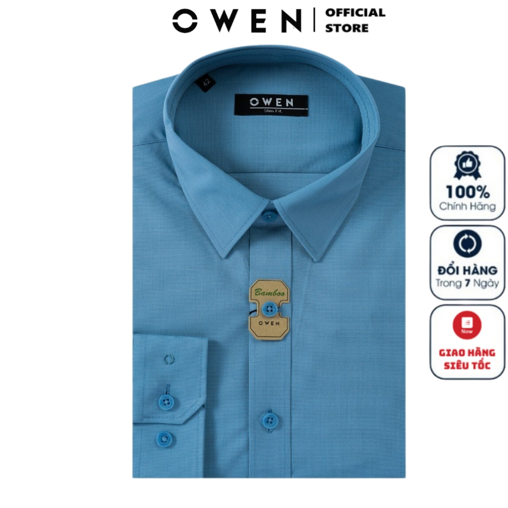 Áo sơ mi dài tay nam OWEN AS230592D công sở vải sợi tre cao cấp màu xanh kẻ ngang dáng slim fit tà lượn không túi