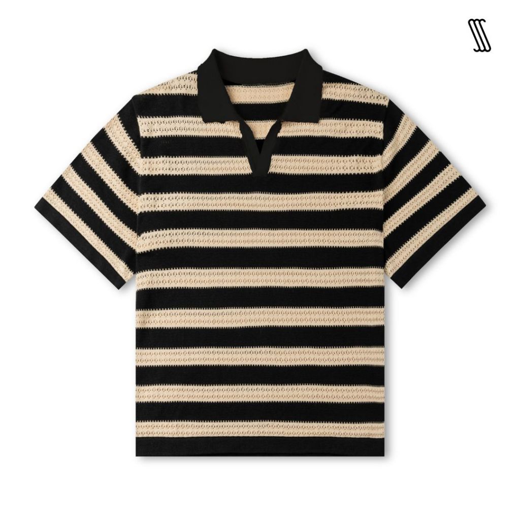 Áo polo cổ v nam SSSTUTTER áo thun có cổ tay lỡ dệt len lông thỏ hoạ tiết kẻ ngang STRIPED KNIT POLO