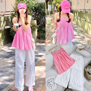 Áo ống nhúng thun cúp ngực dáng xoè + quần suông trắng dài