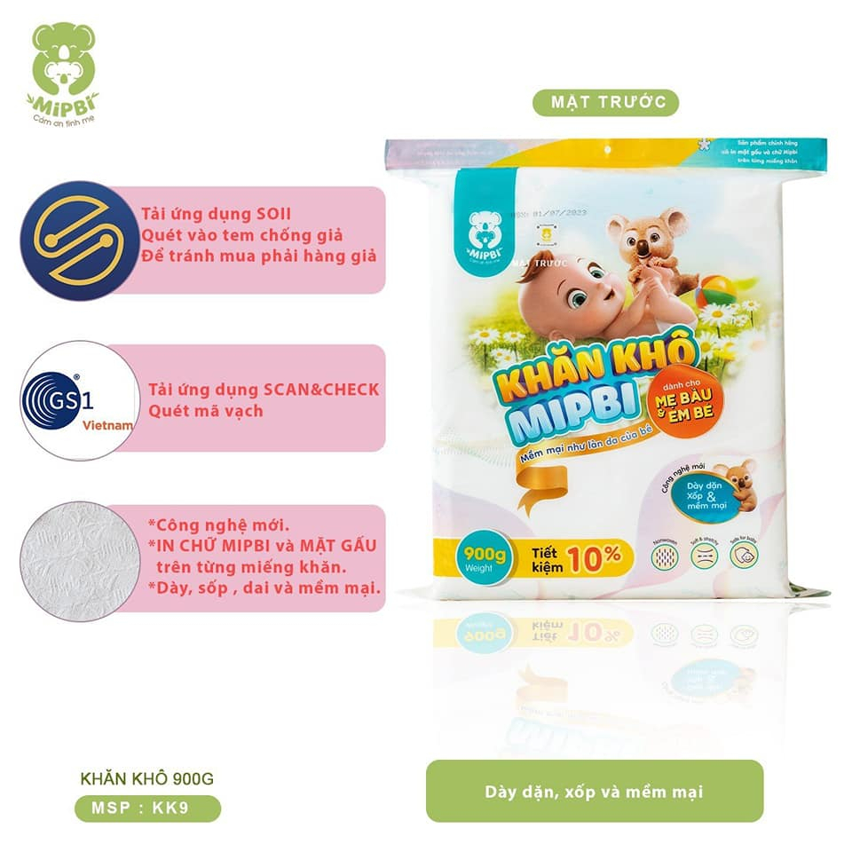 Khăn giấy khô đa năng Mipbi 900g cho bé sợi bông 100% tự nhiên - Monnie Kids