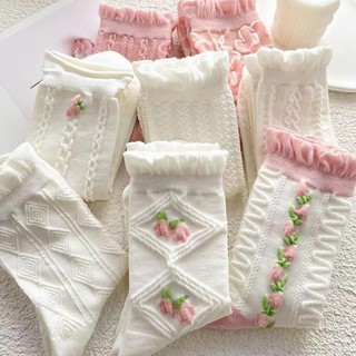 Combo 5 đôi tất cổ cao , Sét 5 Vớ Hoa Cao Cổ Nữ Chất liệu: Bông Polyester Chân Thoáng Khí-M039
