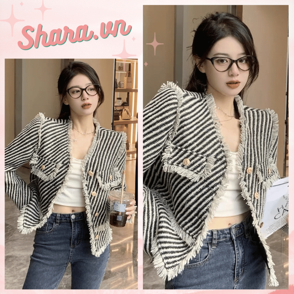 Áo dạ Tweed có đệm vai đầy đủ phong cách Hàn Quốc, áo dạ nữ siêu xinh Shara.vn SR10 Vân