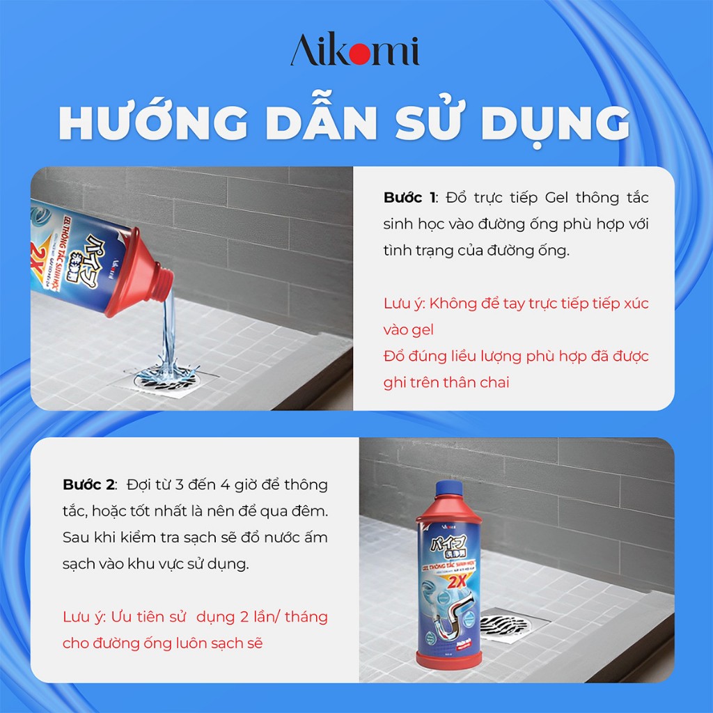 Gel thông tắc sinh học AIKOMI làm sạch, bảo vệ đường ống bồn rửa mặt, chậu rửa bát, khử mùi hôi