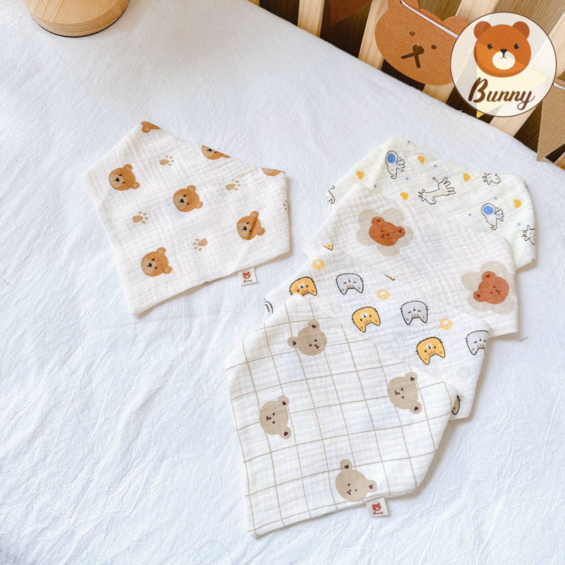 Set 5 yếm tam giác cho bé, khăn quàng cổ 100% Muslin mềm mại an toàn cho bé trai bé gái hoạ tiết xinh