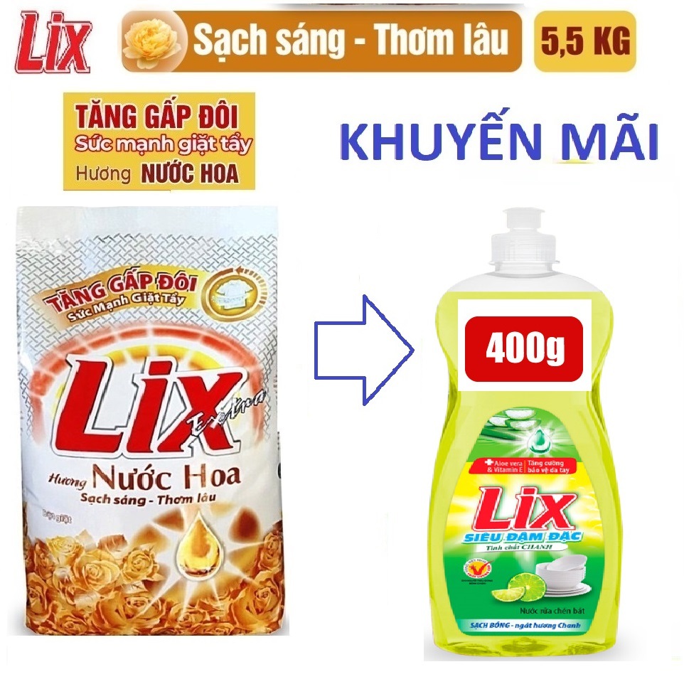 Bột giặt Lix Extra hương nước hoa 5.5Kg tăng gấp đôi sức mạnh giặt tẩy