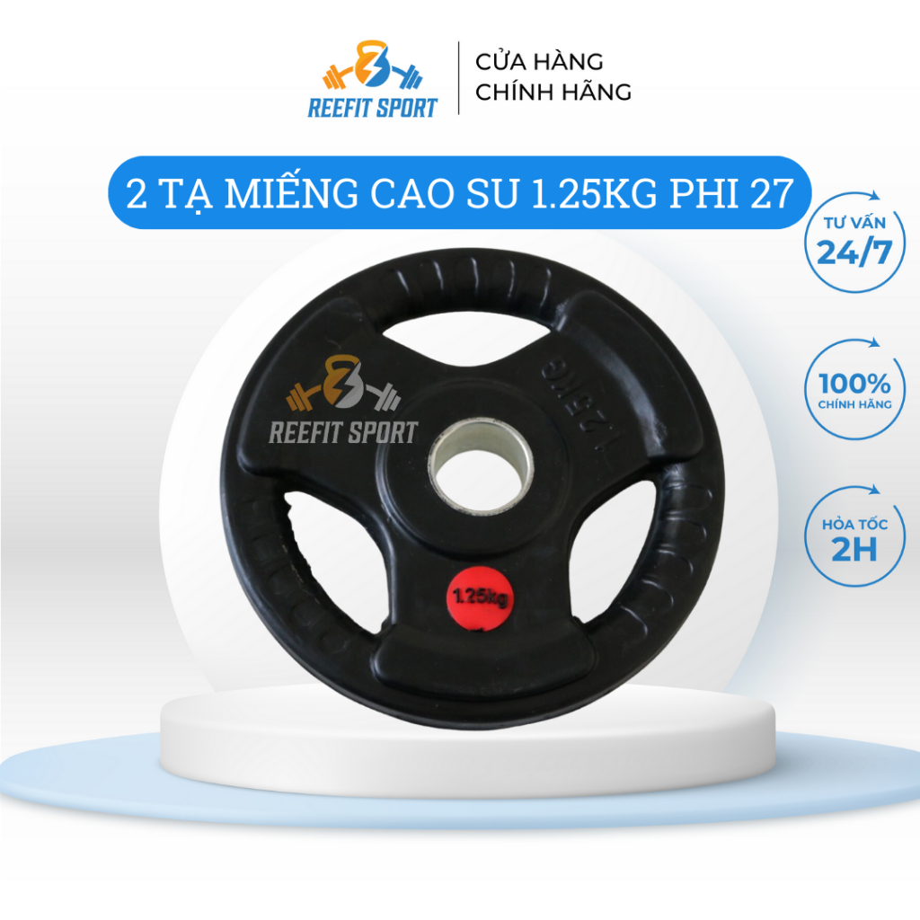 Bộ 2 tạ miếng tạ bánh tạ đĩa ba lỗ cao su phi 27 Reefit 1.25kg