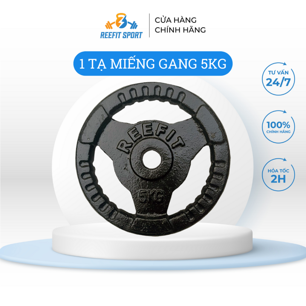 Tạ miếng gang tạ bánh gang 3 lỗ Reefit màu đen 5kg (1 miếng)