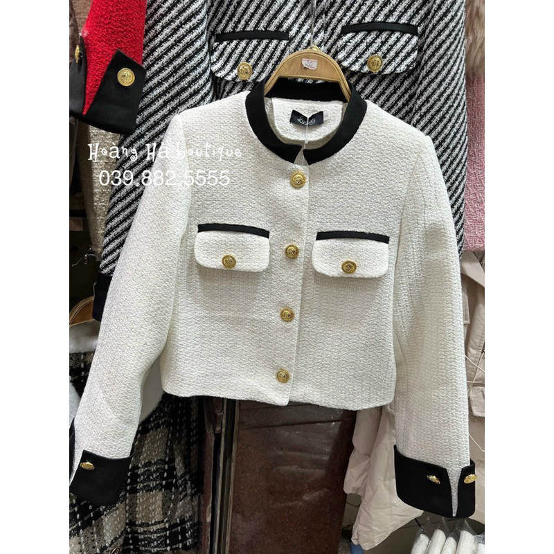 ÁO KHOÁC DẠ TRẮNG PHỐI ĐEN TAY GẬP