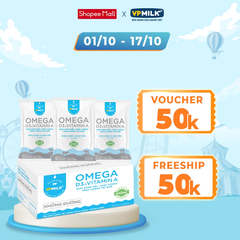 [CHỈ GIAO 2 GIỜ TẠI TP. Hồ Chí Minh] Sữa dinh dưỡng tiệt trùng VPMilk Omega bịch 220ml (thùng 48 bịch)