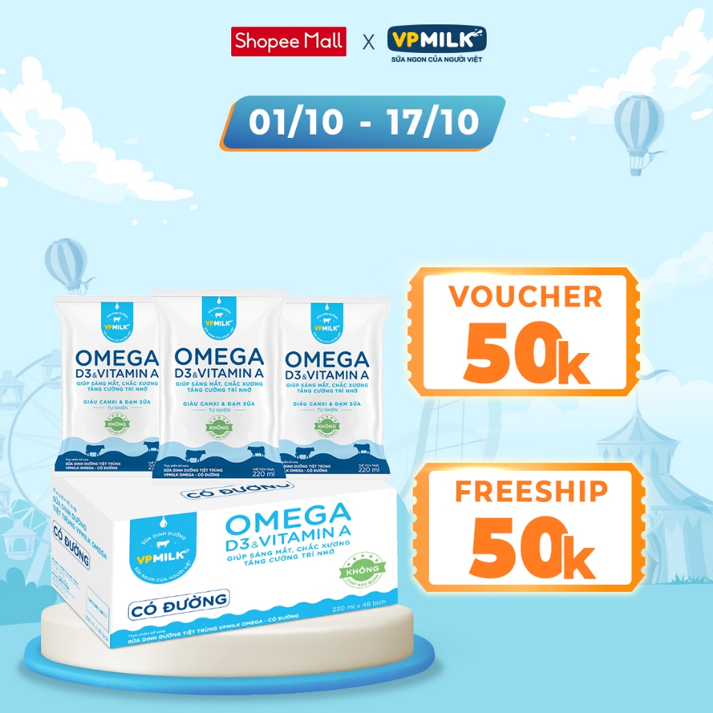 [CHỈ GIAO 2 GIỜ TẠI TP. Hồ Chí Minh] Sữa dinh dưỡng tiệt trùng VPMilk Omega bịch 220ml (thùng 48 bịch)