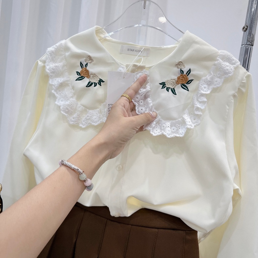 Sét váy nữ áo sơ mi thêu hoa phối màu chạy viền bèo ren mix chân váy xếp ly dáng ngắn tone màu nhẹ nhàng basic xinh xắn