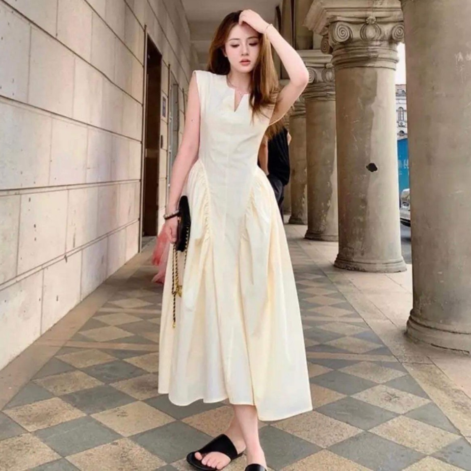 Đầm váy dress dáng dài xòe bồng cổ V xinh xắn nhún chiết eo sang chảnh 2 tone màu nhẹ nhàng thanh lịch siêu hot