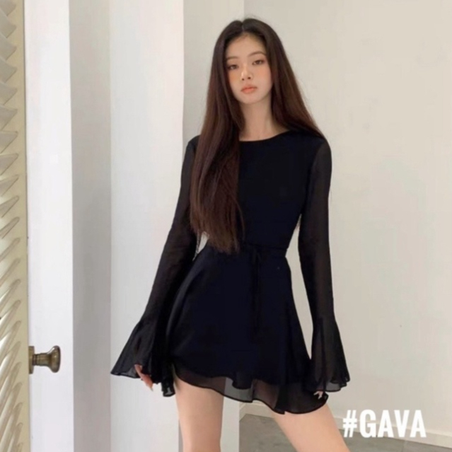 Đầm váy nữ cổ tròn tay dài rũ xòe xinh xắn hở lưng sexy dáng ngắn xòe thanh lịch nhẹ nhàng sang chảnh siêu hot hit