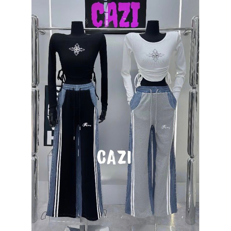 BỘ ÁO CRTOP RÚT SƯỜN MIX QUẦN XUÔNG PHỐI BÒ 2 MÀU