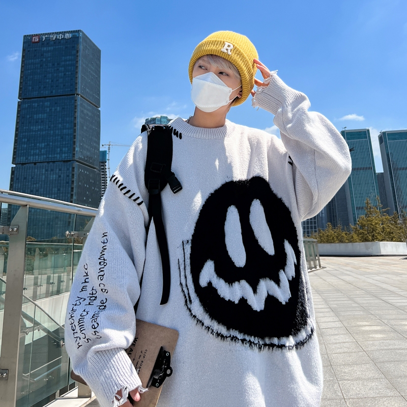 Áo len thiết kế cao cấp unisex in hình mặt cười drew, áo len sweater nam nữ from rộng mặt cười cá tính [Có sẵn]