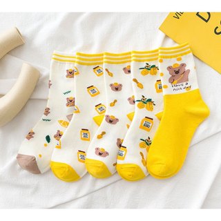 Combo 5 Đôi Vớ Cao Cổ Hình Gấu Vàng phong cách Hàn Quốc vải cotton co giãn, thoáng mát-M3C3