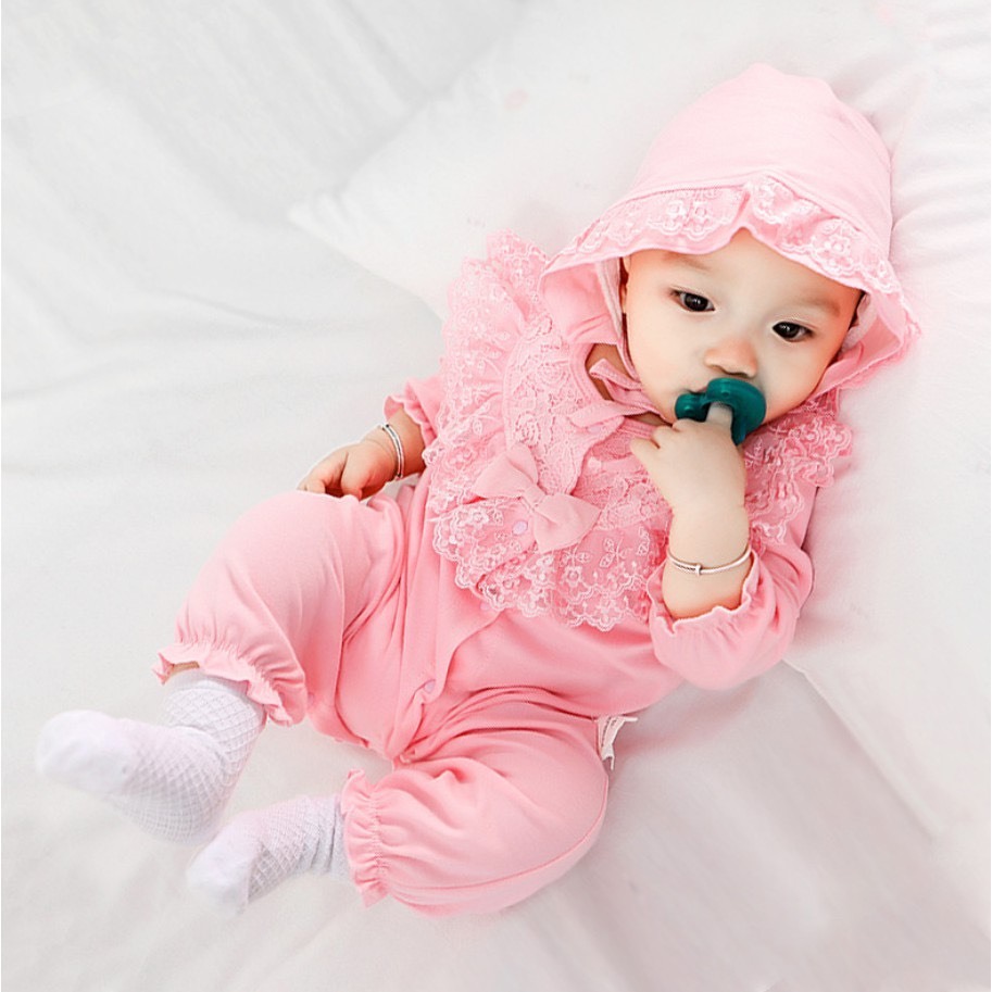 Body cho bé gái , bộ body cổ ren cotton tặng kèm mũ đáng yêu cho bé gái