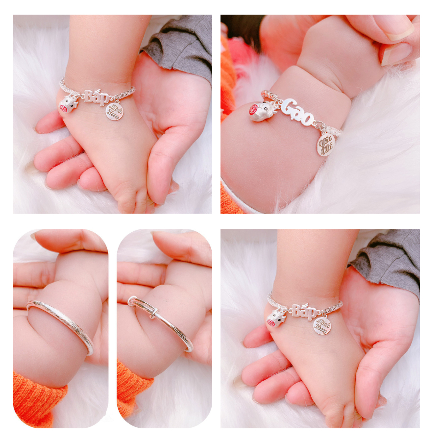 Lắc bạc cho bé gái trai sơ sinh khắc tên theo yêu cầu Miêu Bạc vòng tay bạc trẻ em làm quà tặng thôi nôi L400433