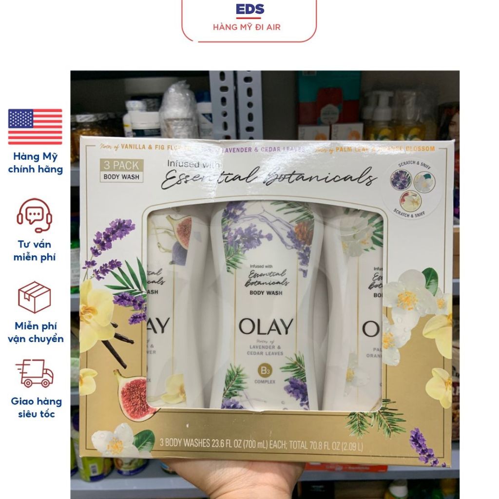 Bộ 3 chai sữa tắm Olay Essential Botanicals Body Wash làm săn da tăng độ đàn hồi ngăn lão hóa da - EDS Hàng Mỹ