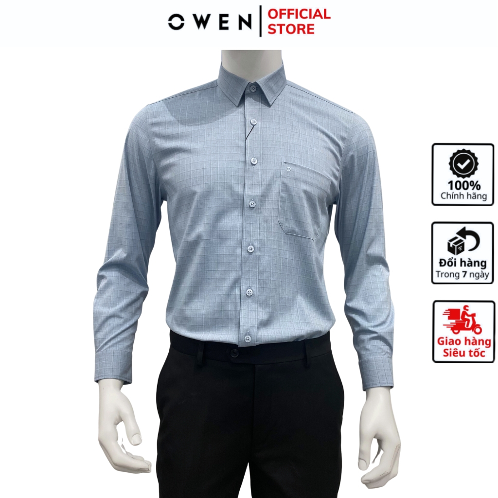 Áo sơ mi dài tay nam OWEN AR230507DT somi công sở vải sợi tre cao cấp màu xanh đá kẻ caro dáng regular fit tà lượn có tú