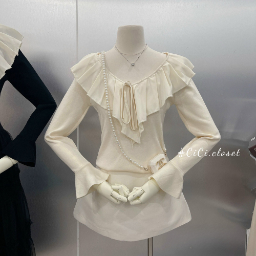 Áo thun len tăm tay dài nữ,áo len cổ tim dài tay,thiết kế voan bèo,ông tay loe nhẹ nhàng,tiểu thư