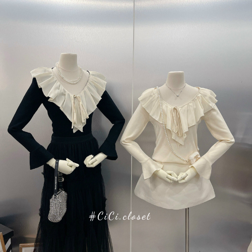 Áo thun len tăm tay dài nữ,áo len cổ tim dài tay,thiết kế voan bèo,ông tay loe nhẹ nhàng,tiểu thư