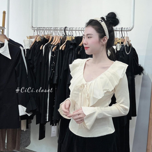 Áo thun len tăm tay dài nữ,áo len cổ tim dài tay,thiết kế voan bèo,ông tay loe nhẹ nhàng,tiểu thư