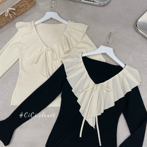 Áo thun len tăm tay dài nữ,áo len cổ tim dài tay,thiết kế voan bèo,ông tay loe nhẹ nhàng,tiểu thư